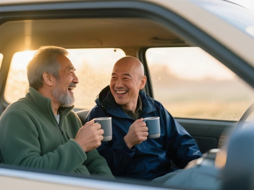 Candid documentary photo inside a parked car in early morning light of two ordinary-looking male friends in their fiftie