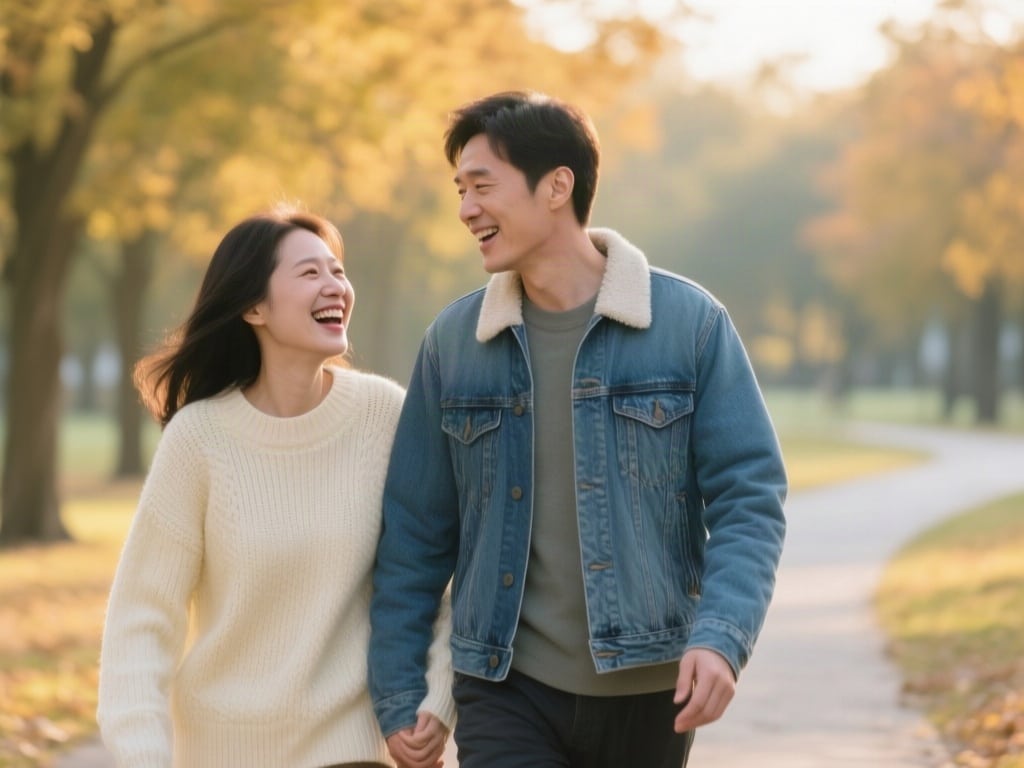 Candid documentary photo of an ordinary-looking couple in their late thirties walking close together on a park path in w