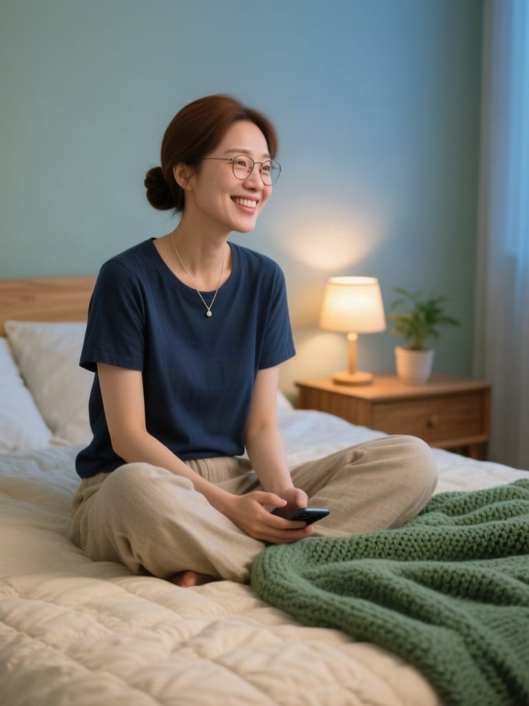 Warm photorealistic candid photo in a cozy bedroom at evening lamplight of a woman in her early thirties with East Asian